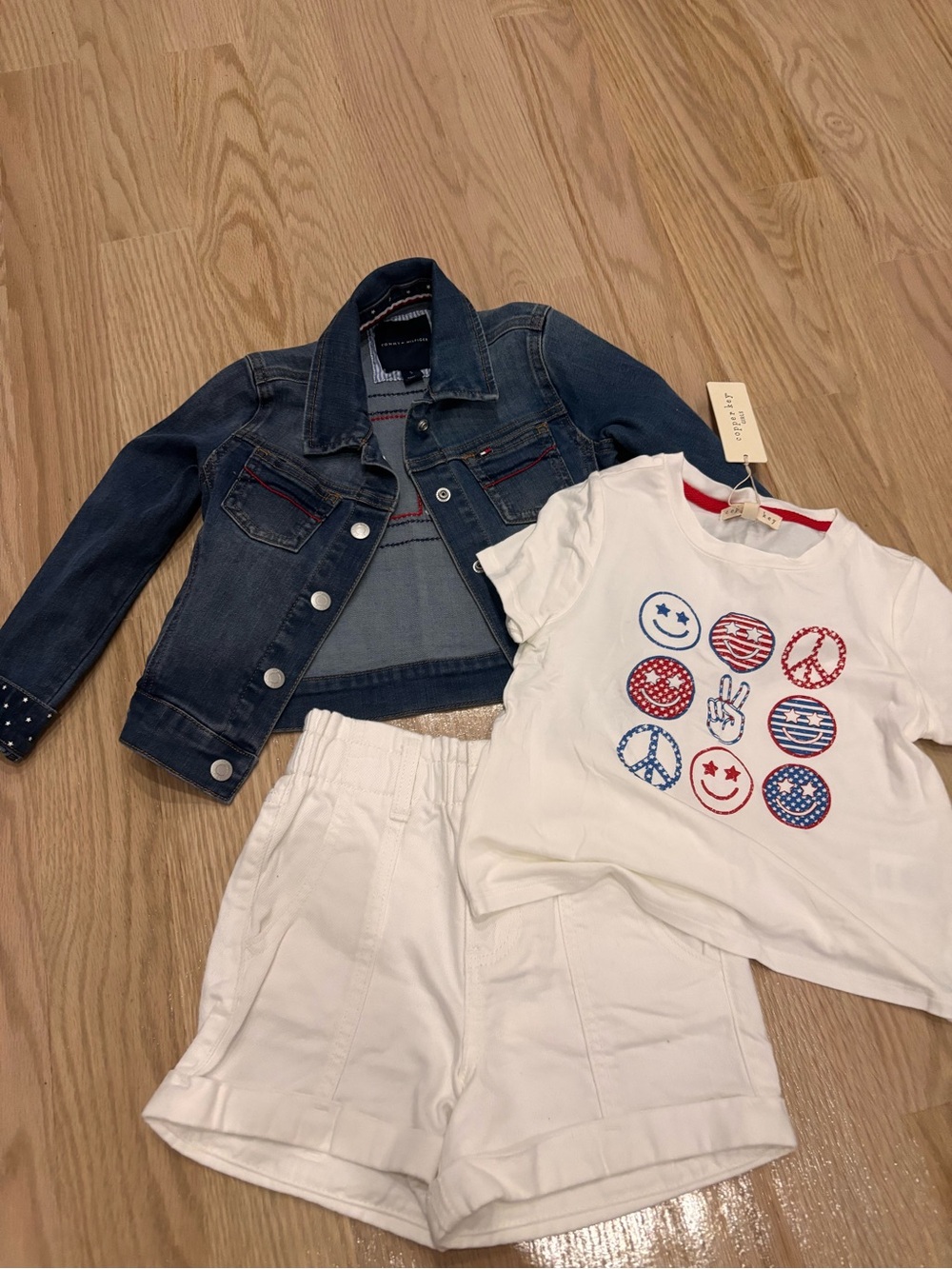 Girls Tommy Hilfiger Navy Denim Jacket with White Tee & Shorts Set